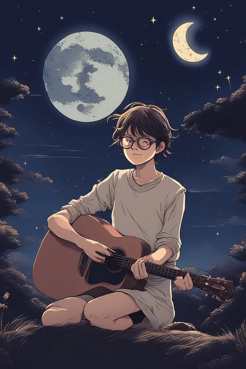 Under a starry night sky, the girl with glasses strums his guitar, his music echoing in the peaceful ambience of the Ghibli style anime night, intricately hand-drawn for a magical effect.