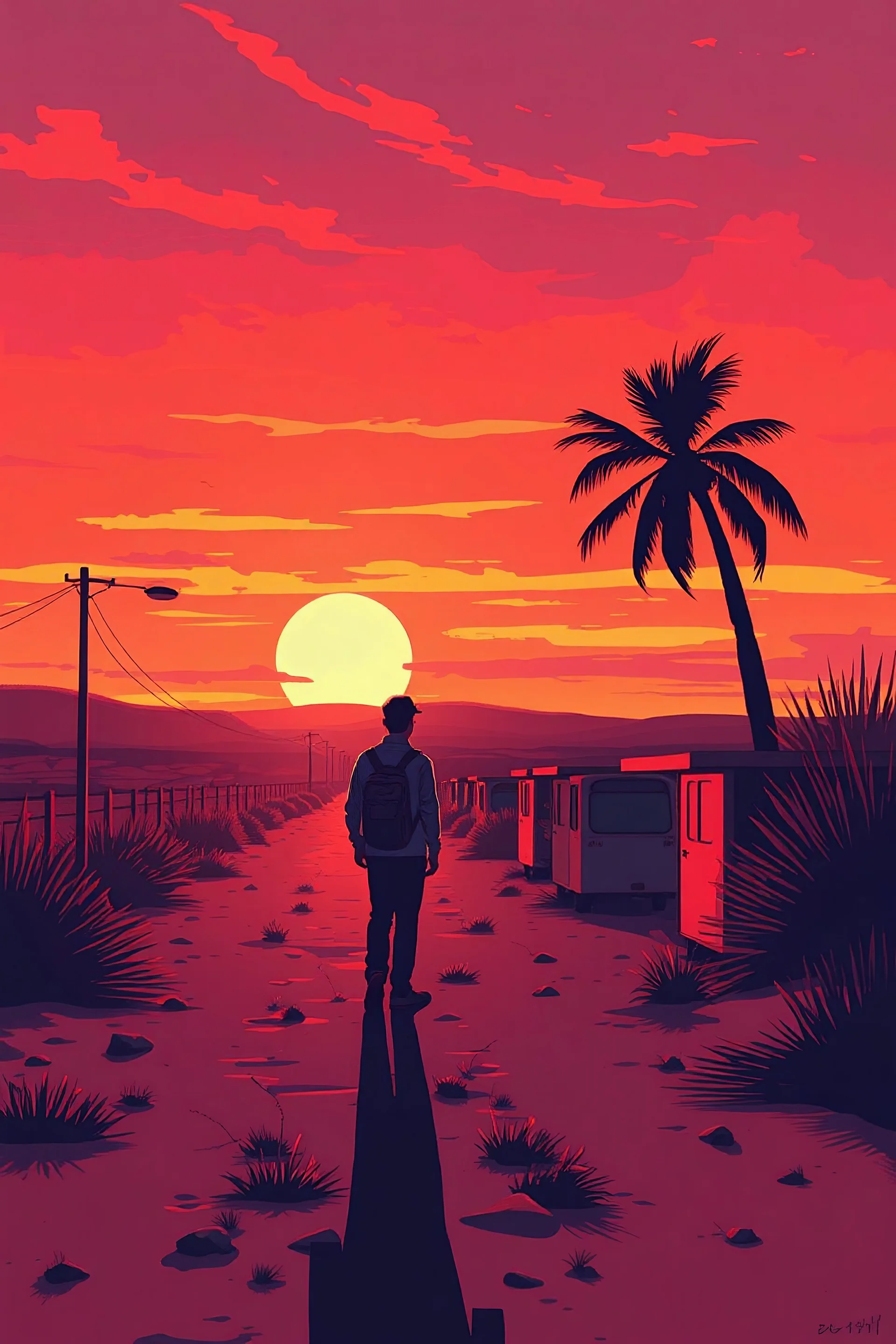 minimalism, non fiction sunset illustration, exaggerated personalization graffiti, style of Liam Sharp, imperfect tranquility, interesting, unusual, strangers bbc tv series show, absolutely amazing surreal art, deep rich vintage colors,magic lighting,