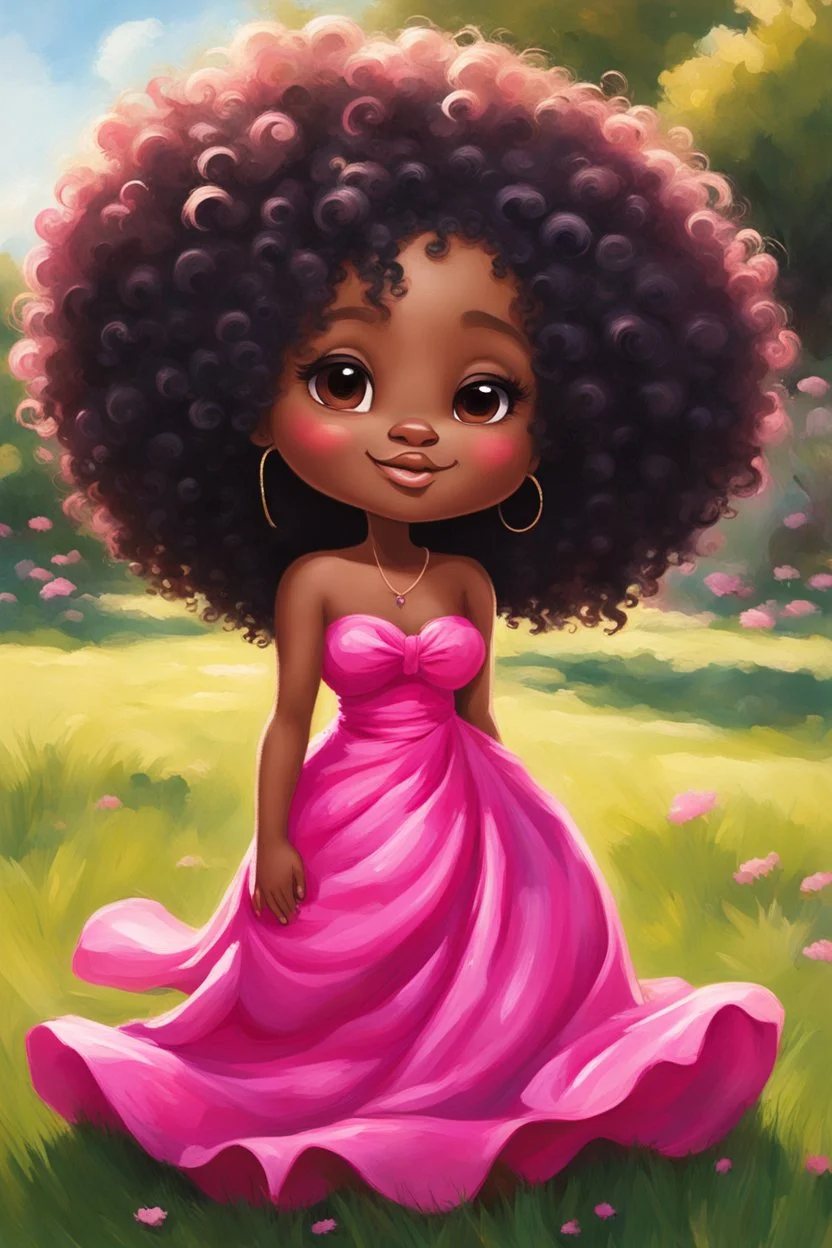 An expressive oil painting image of a chibi black cartoon of a curvaceous woman with flowing of tight curly afro of black hair that's highly detailed, wearing a hot pink maxi dress. She sits relaxed on the grass facing the warm sunlight, which illuminates her face as she looks to the side with a small smile, accentuating her prominent makeup and brown eyes. with green and hot pink roses all around