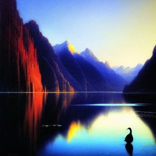 Drawing of 'Crane Bird 'snow, mountains,river,painting by gaston bussiere, greg rutkowski, yoji shinkawa, yoshitaka amano, tsutomu nihei, donato giancola, tim hildebrandt, evan lee,oil on canvas, cinematic composition, extreme detail,fit full head inside picture,16k