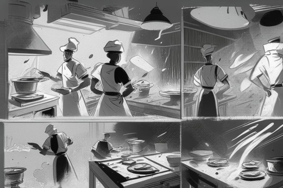 black and white storyboard, 3 chefs, scattered throughout the kitchen cooking, frying, cutting