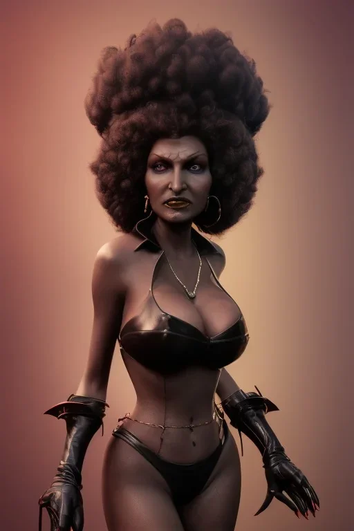 Pam Grier as evil queen in black leather, leather, busty, cleavage, angry, stern look. character design by cory loftis, fenghua zhong, ryohei hase, ismail inceoglu and ruan jia. unreal engine 5, artistic lighting, highly detailed, photorealistic, fantasy