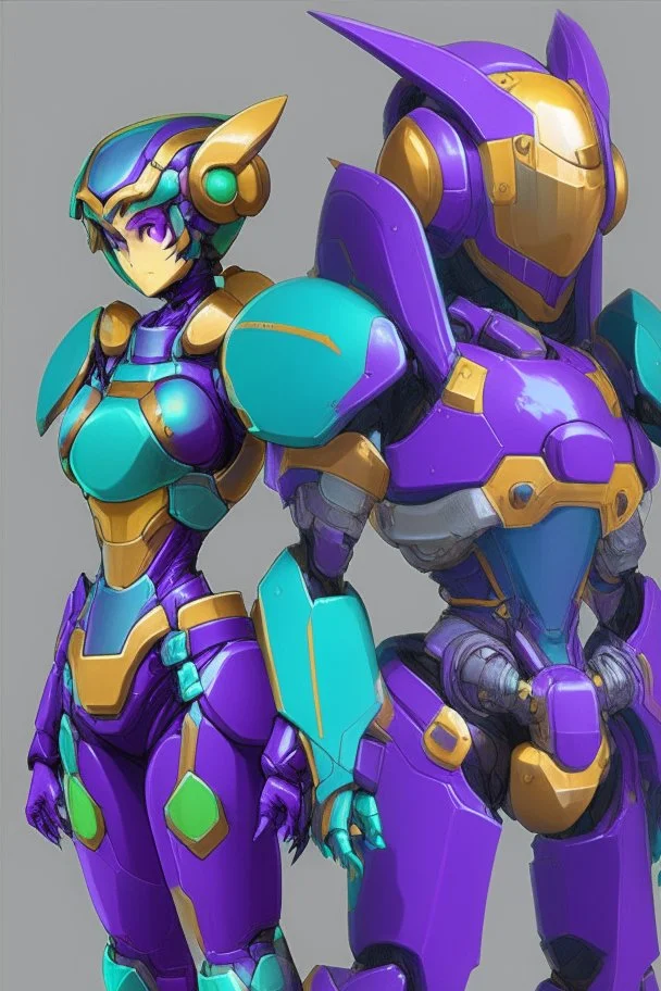 One Genderless Cyborg made of metal, has a human like face with a really long violet ponytail, the cybord is wearing armor similar to Omega from Megaman. The color palatte of the armour is deep purple and yellow. The Cyborg is not wearing a Helmet, and has Turquoise colured eyes.