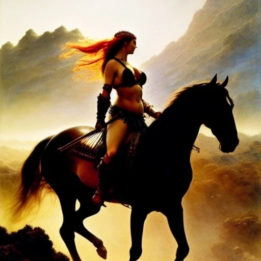 Drawing of beautiful face,busty Red Sonja riding black horse,intense stare,minimal ancient armor, balanciaga fashion clothe painting by gaston bussiere, greg rutkowski, yoji shinkawa, yoshitaka amano, tsutomu nihei, donato giancola, tim hildebrandt, oil on canvas, cinematic composition, extreme detail,fit full head inside picture,16k