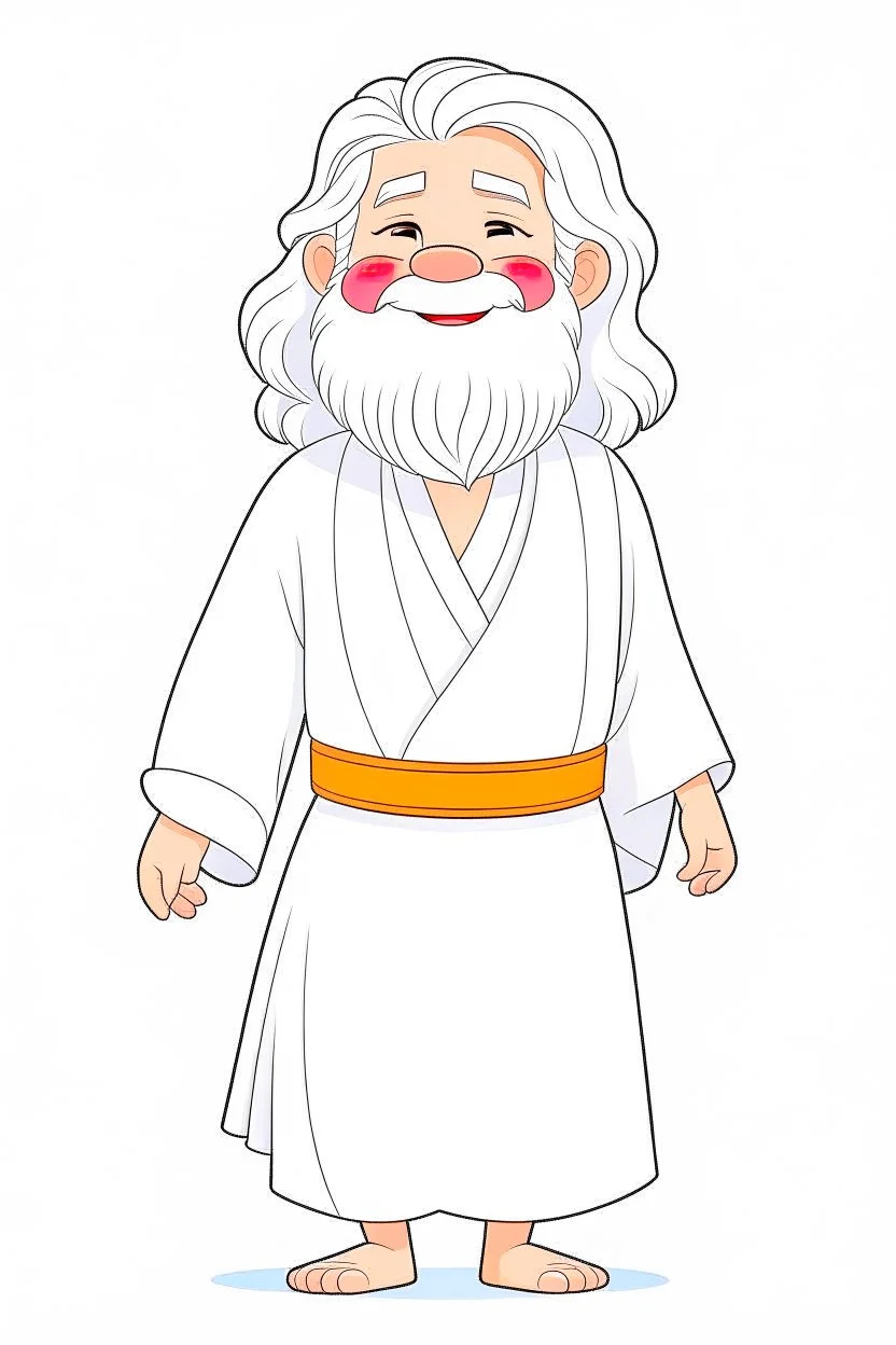 Disney style, white hair, white skin, white beard, coloring book, minimalism, simple lines, white background, STICKER, WHOLE BODY, A CUTE JESUS CHRIST, WAVY HAIR, BEARD, COVERING THE WHOLE BODY WHITE LONG TUNIC, LIGHT DOWN, HAPPY face , A detailed illustration, in the style of Studio Ghibli, 3D vector art, cute and quirky, fantasy art, Adobe Illustrator, hand-drawn, low-