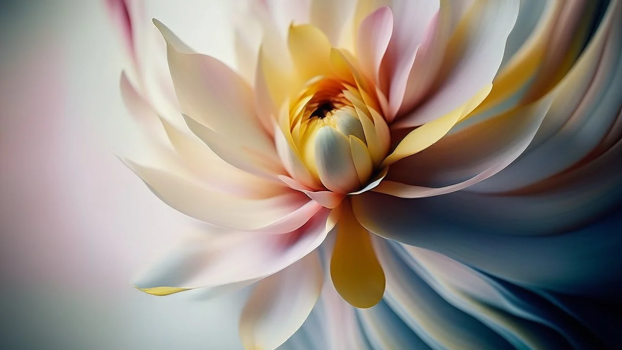 Generate the image of a colorful, abstract flower emerging from a canvas, with soft, pastel hues dominating the foreground and a gentler, muted color palette in the background. The image should have a dreamy, surreal quality to it, with smooth, ethereal lines and curves that blend seamlessly into each other. The flower should have a delicate, yet bold presence, with petals that fan out gracefully yet have a slight fuzziness around