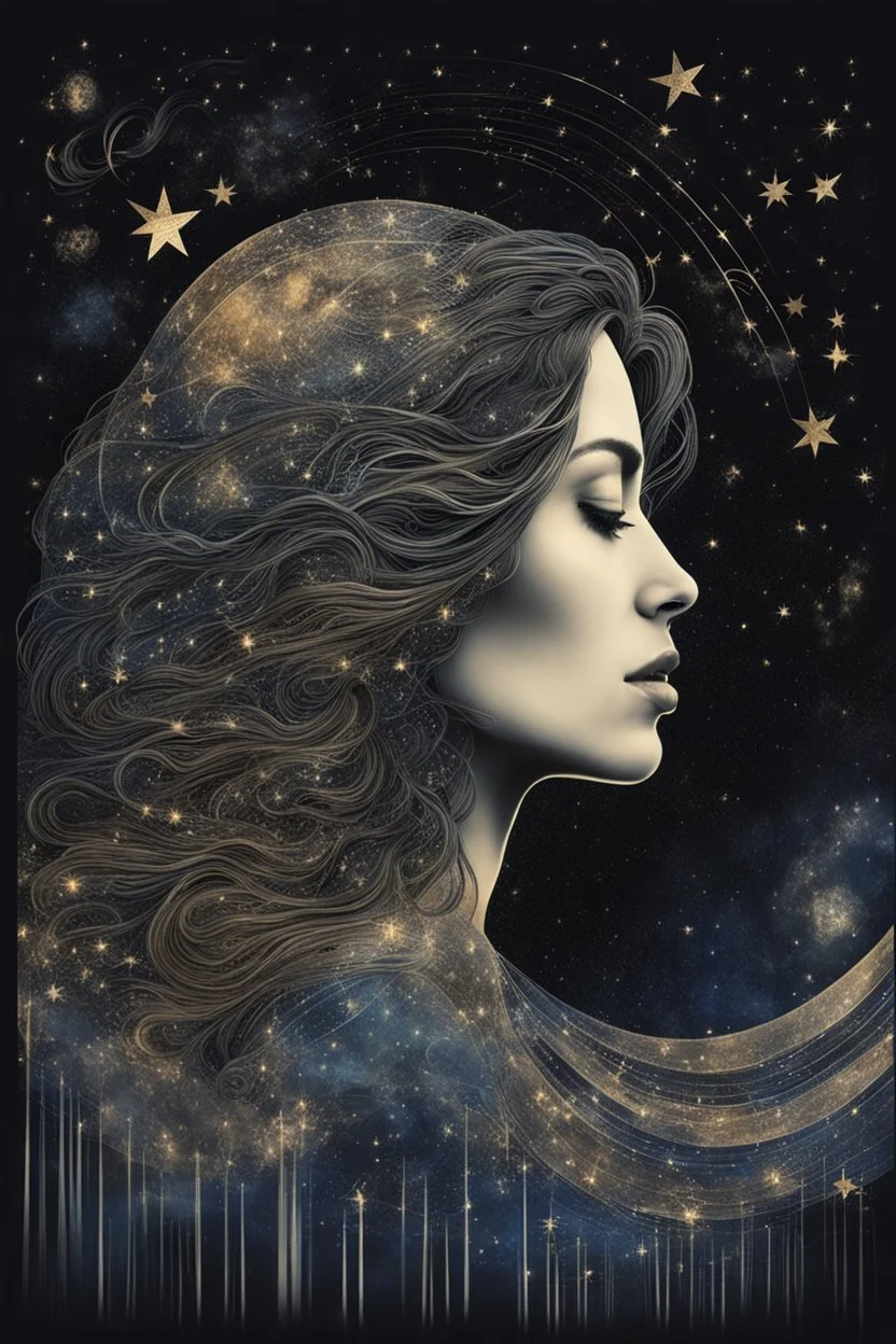 Double exposure of a female person's profile and a utopistic starry night sky, dramatic mood, dark depressive style, highly detailed intricate, surreal, stunning