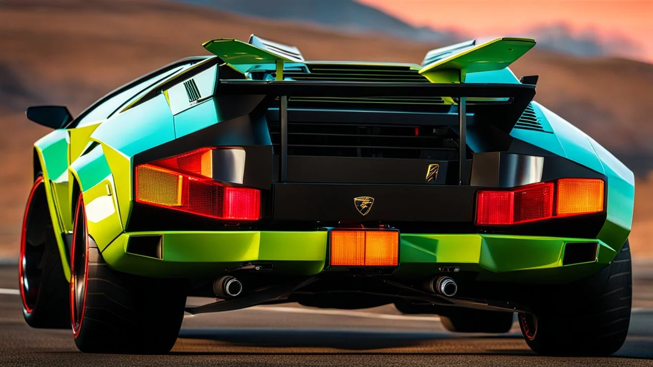 Lamborghini Countach Modernized Cyberpunk fast on road rear view