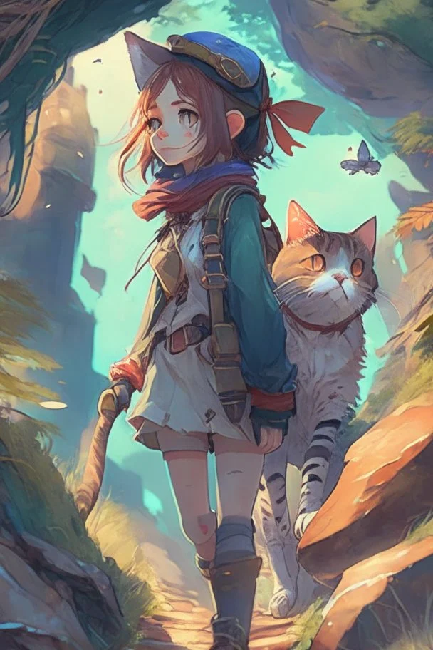 a girl and Cat on an Adventure, 4k, full detail, high resolution, digital art, anime, b