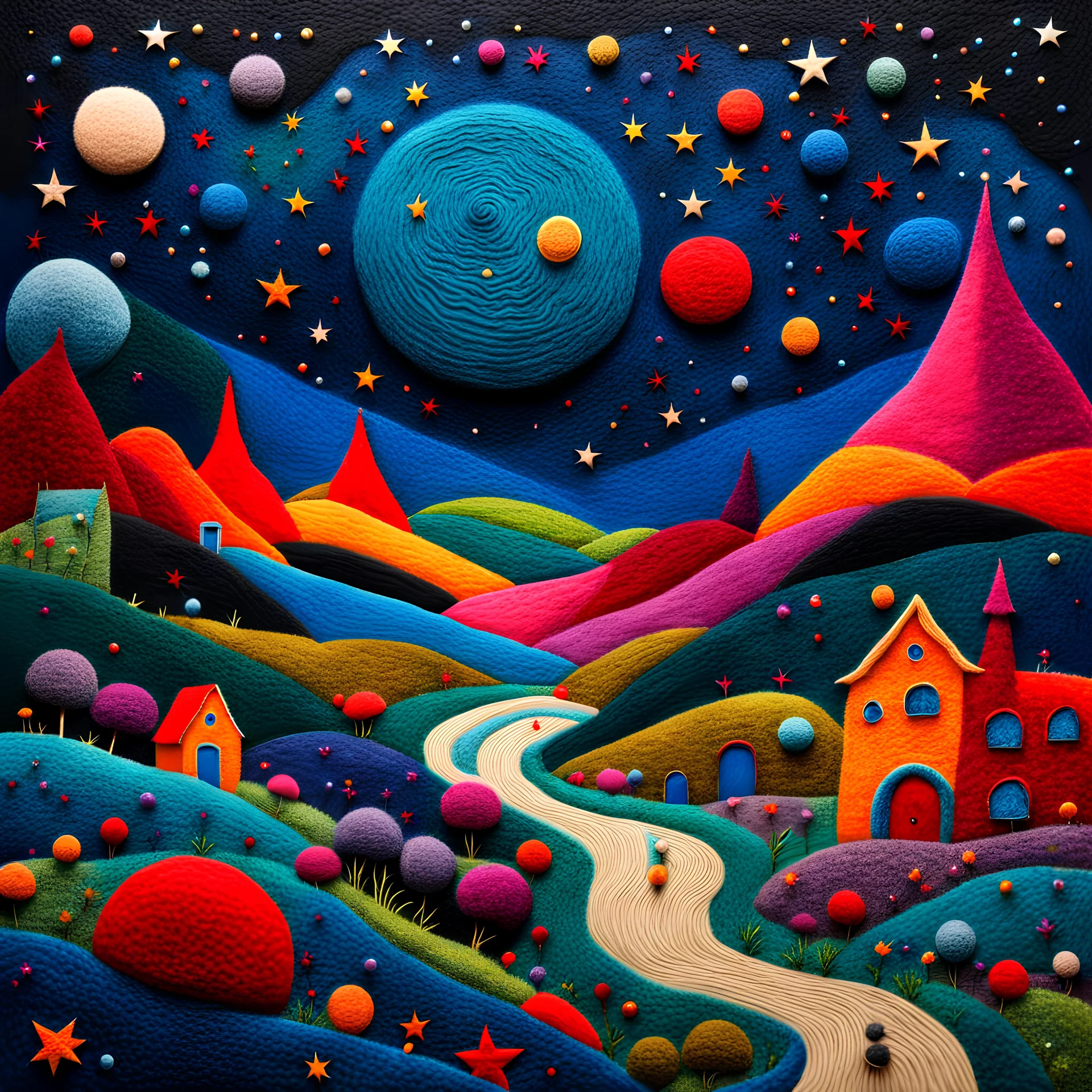 Felt artwork, detailed creepy landscape, village, stars and planets, naïve, strong texture, extreme detail, Max Ernst, rich moody colors, sparkles, Yves Tanguy, bokeh, odd