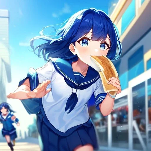 Clear focus,High resolution, Vibrant short blue hair, Vibrant blue eyes, Wearing a sailor uniform, Running with toast in her mouth