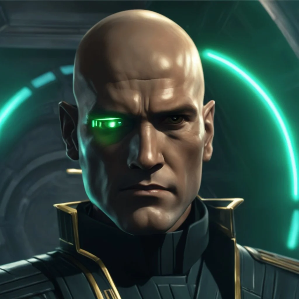 star wars bald male corellian jedi pilot wearing gunmetal grey and black old republic armored robes with gold trim inside the jedi temple holding a lightsaber with viridian green blade in left hand, centered head and shoulders portrait, hyperdetailed, dynamic lighting, hyperdetailed background, 8k resolution, volumetric lighting, light skin, fully symmetric details