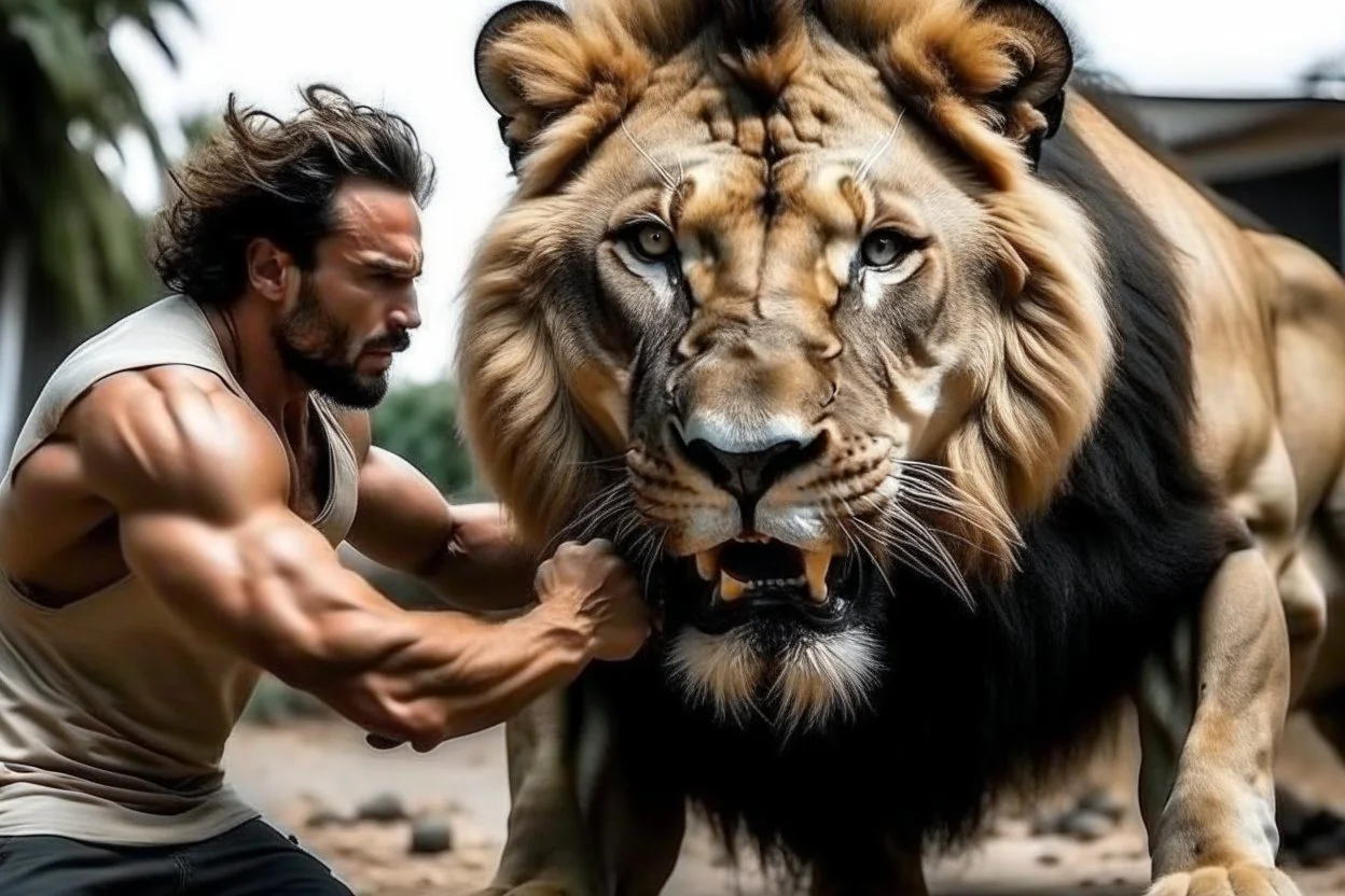 MAN FIGHTNG LION REAL LIFE PHOTO REASLISTIC