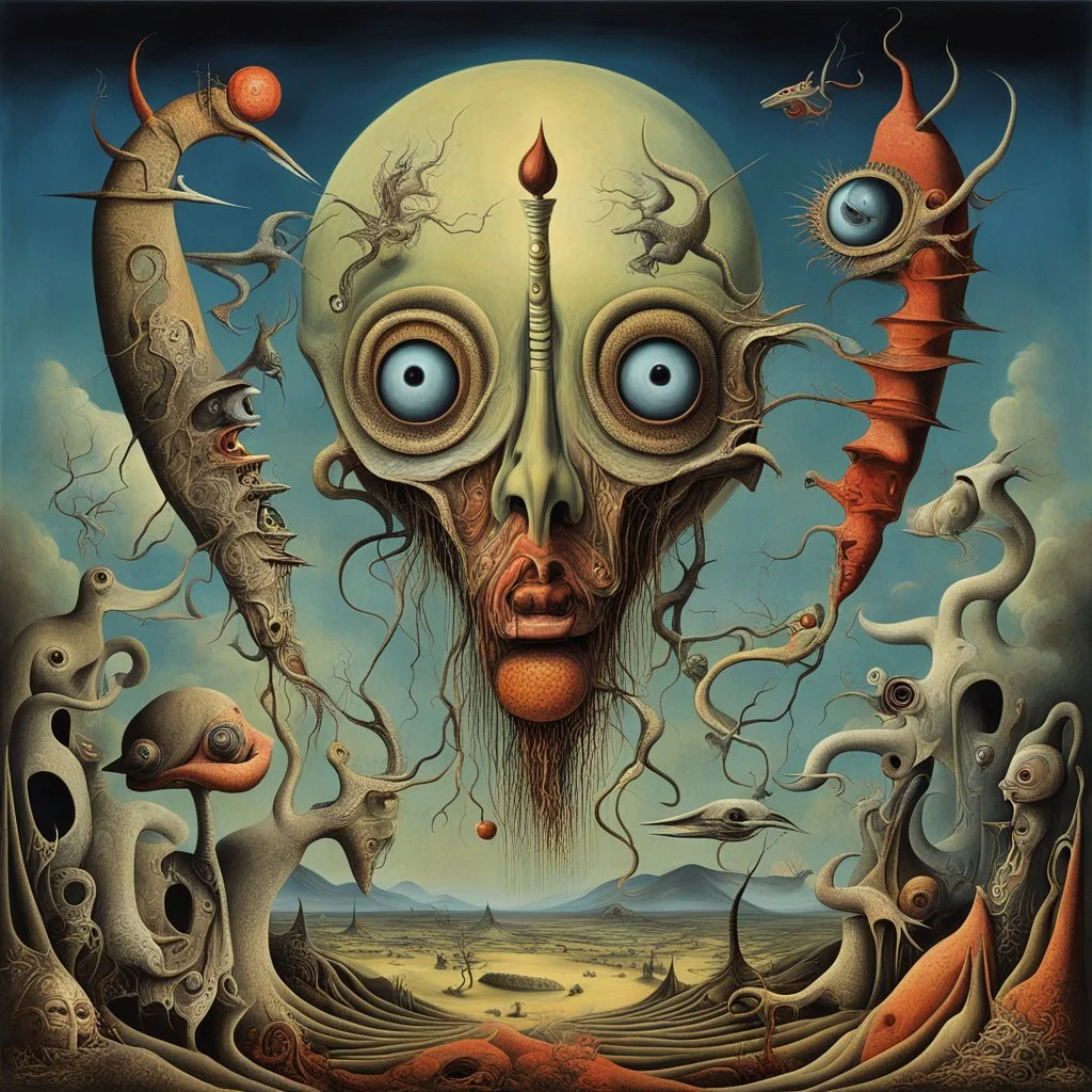 Enhanced surrealism, nightmare habits of demons, unregulated absurdity, by Desmond Morris and Max Ernst, mind-bending surreal double exposure image, weirdcore, classic surreal elements, by Victor Pasamore, oil matte painting