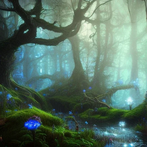 Dark fantasy concept art, dynamic lighting, Intricately detailed, Splash screen art, deep color, Unreal Engine, volumetric lighting, blue flowers, moss, leather, creek, flowing water, fantasy dark forest artwork,