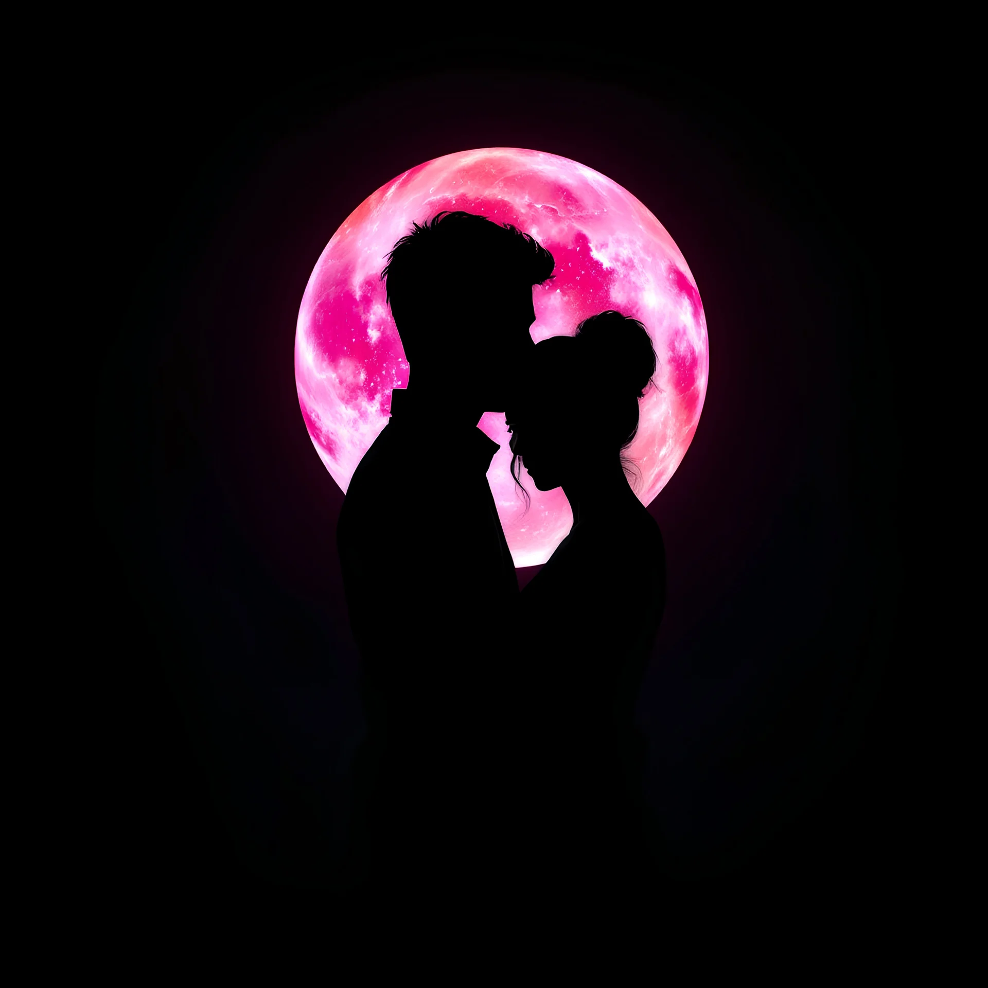 In the foreground, the dark silhouettes of a handsome young man and a beautiful young woman embrace as lovers. In the background, a giant orb composed of pink, purple, and orange plasma shimmers brightly. An inky black void frames in the image.