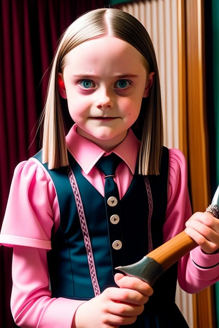 wednesday addams pink dress blonde hair and smiling with a knife