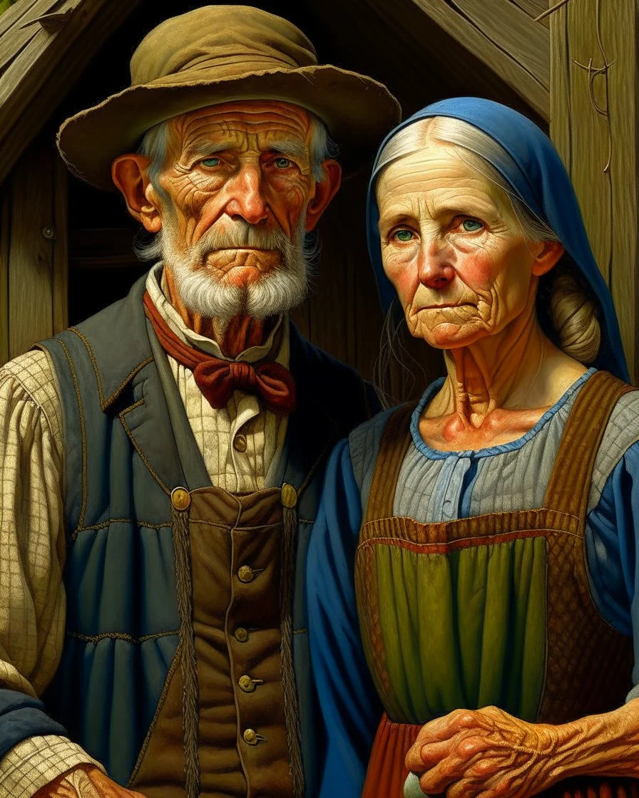 Color Portrait of an old Appalachian farmer couple early 1900s, beautiful painting with highly detailed face by greg rutkowski, Lee Jeffries, magali villanueve Modifiers: extremely detailed oil on canvas photorealistic New Age: American Gothic An elderly couple in vintage farm attire stand before a barn, the woman holding a basket of fruit and the man clutching a pitchfork.