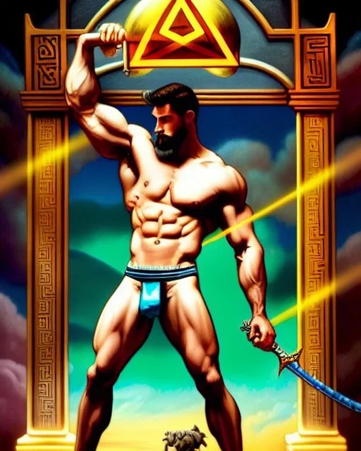 photorealistic hypermasculine homoerotic fantasy illustration of a mid 30s muscular beautiful man calculating a phantasm to glimpse Pythagoras's golden thigh While performing cult mathematics as i visited Olympus and looked down on greece in the style of Tim Burton, Thomas kinkade, Andy Warhol, Alphonse Mucha, Dan Mumford, ancient Greece, Pythagorean hypersigil, apparation, specter, smooth, sharp, HDR, dof, deep focus, hyper realistic, magic, mystical, ethereal, 3d render, octane render