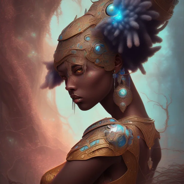 sango fantasy, fantasy magic, intricate, sharp focus, illustration, highly detailed, digital painting, concept art, matte, masterpiece head sexy view black African moroccan beauty black afro hair space lady turquoise carp skin African space landslide