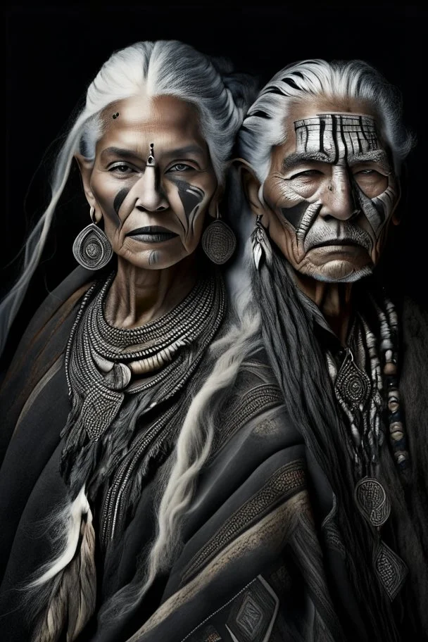 a photo of an Aztec man and woman with ethnic jewelry, grey hair and grey flowing robe, in style of Annie Leibovitz, contemporary portrait of a mature yet beautiful and modernist, black and grey, detailed face, swirling fluid smokey enigma, award-winning artwork