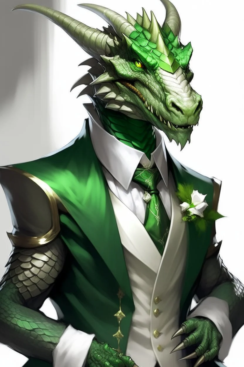 A silver Dragonborn from dnd wearing a tuxedo green eys