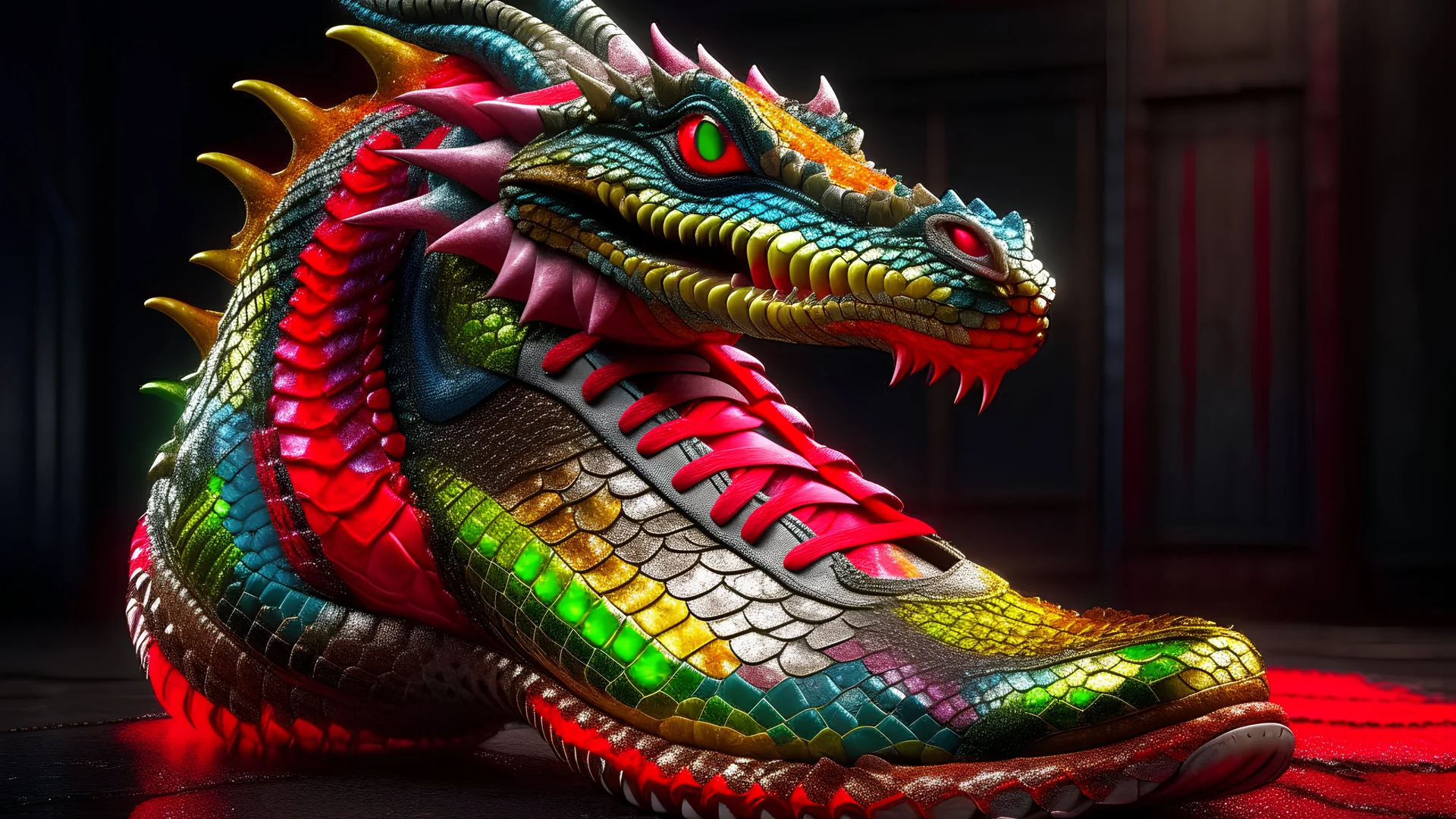 Photoreal gorgeous dragon-shaped nikes by lee jeffries, 8k, high detail, smooth render, unreal engine 5, cinema 4d, HDR, dust effect, vivid colors