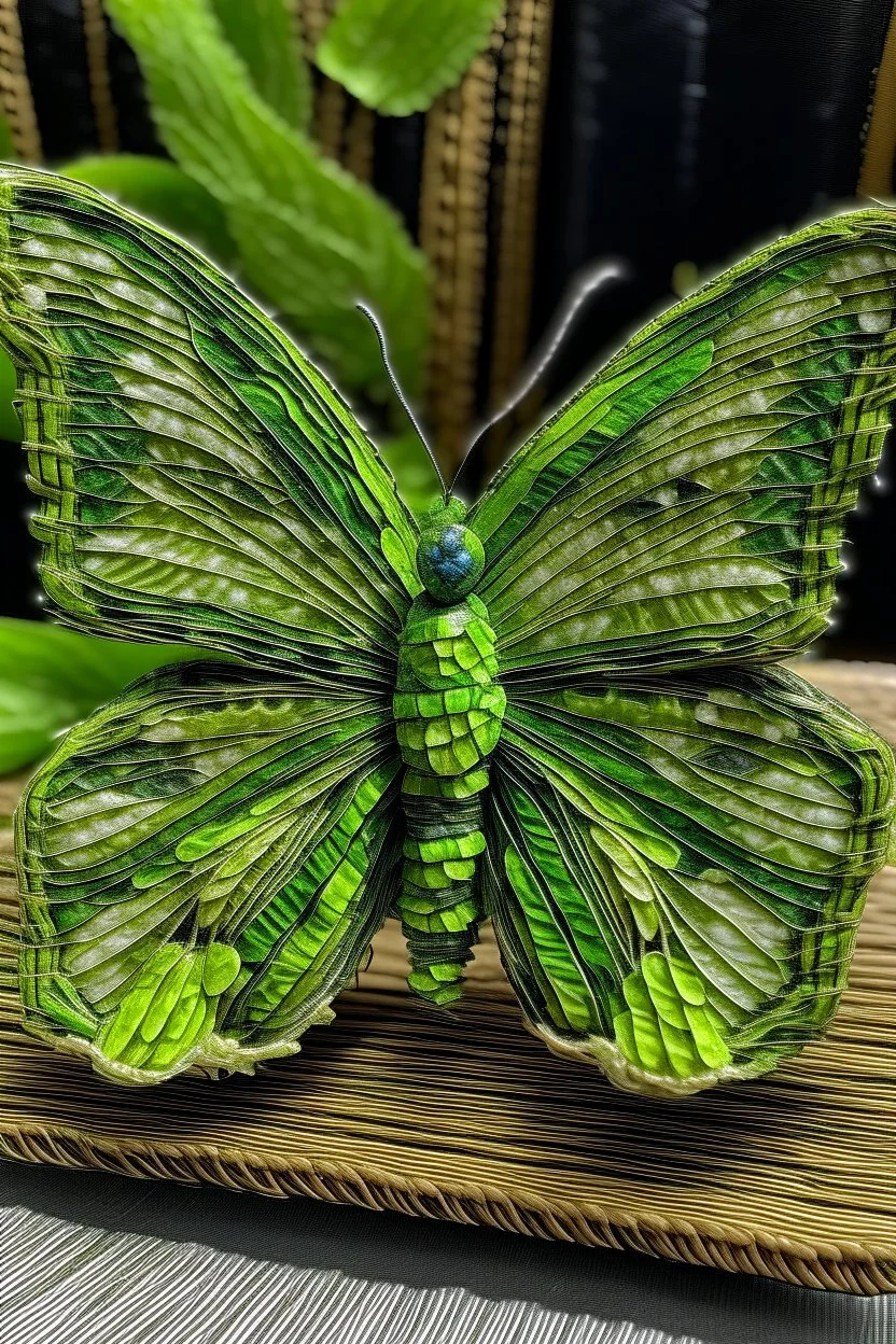 A lime green nature elemental butterfly designed in Navajo woven art painted by Gustave Courbet
