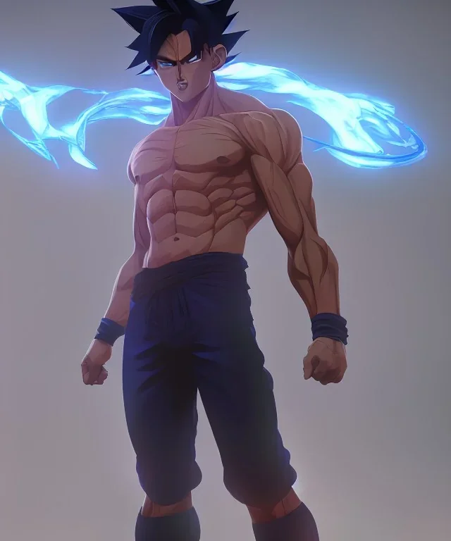 Goku, avatar blue body style, fighting pose, muscular body, shirtless, volumetric details, hyper realism, unreal engine 5