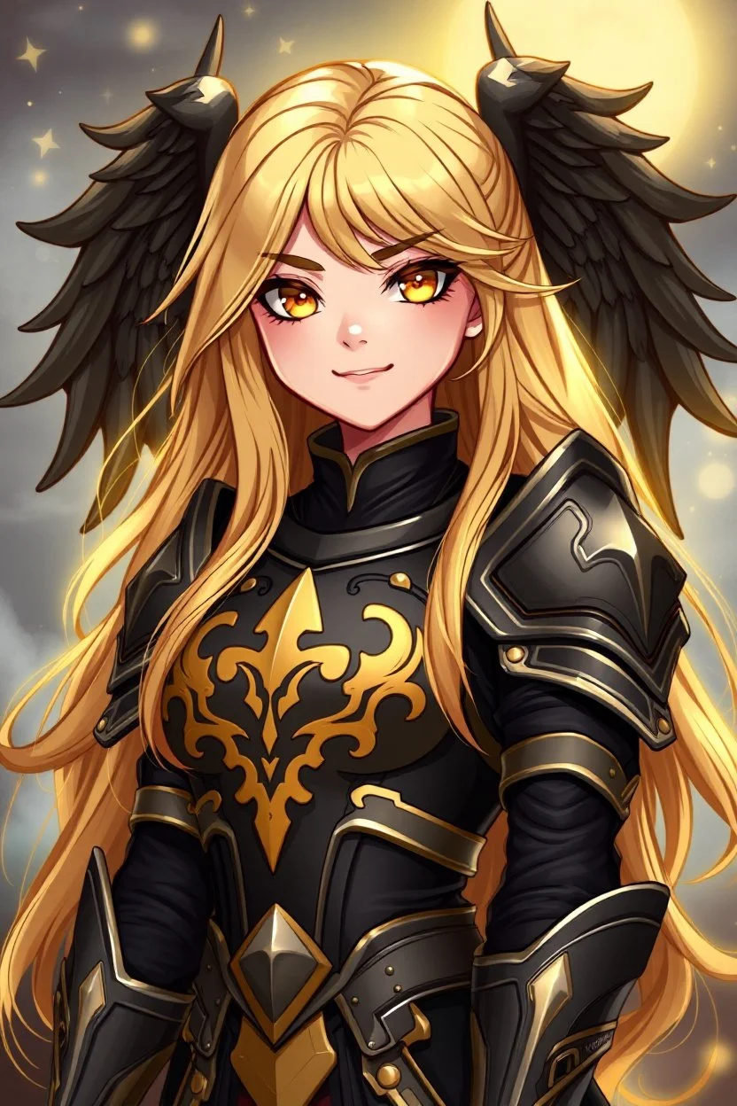 SUPER PRETTY GIRL, DRESSED WITH A BLACK-GOLD SMALL ARMOUR, GOLDEN LONG HAIRED, GOLDEN EYES, GREATH SMILE, BIG BUBS, NICE BODY, STAY ON DARKNESS CASTLE, STARS SKY, MOON, LEGENDARY WARRIOR, POWERED GIRL, A GOLDEN GLOW AROUND HER BODY.