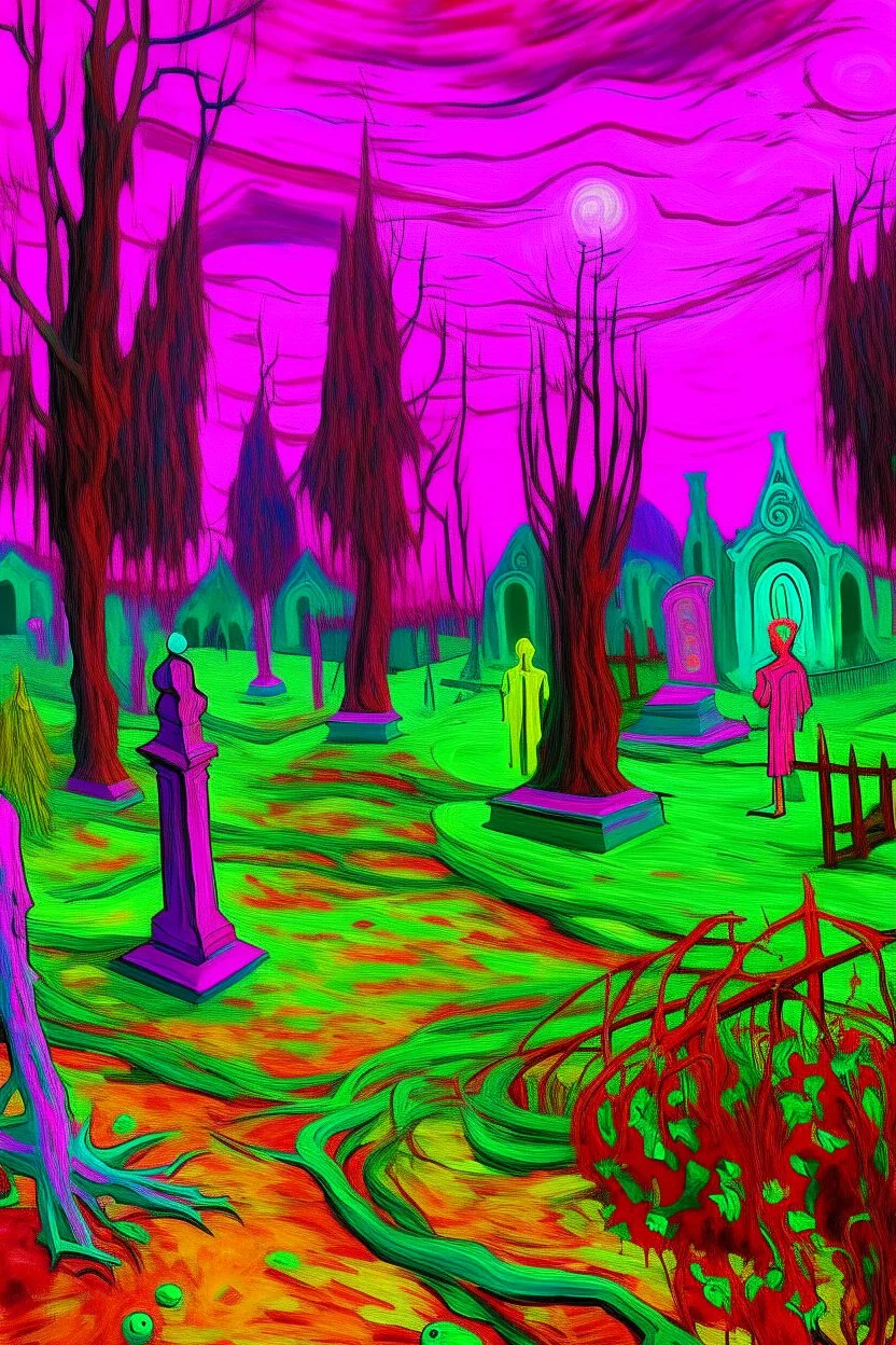 A purplish magenta haunted graveyard with ghosts painted by Vincent van Gogh