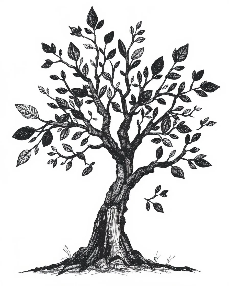 A primitive tree, composed of organic bark and leaf textures, fragmented into interlocking sections of varying magnification, from macro veins to distant silhouettes, fused with no visible boundaries. The abstract form features rough charcoal, angular limbs, and leaves, each section utilizing distinct hatching densities and mark systems. The style is a naive cubist and raw sketch with a continuous bleeding collage effect, rendered in high-contrast black on white, edged to edge within a square f