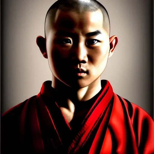 Portrait d'un jeune moine Shaolin, sombre, réaliste, très détaillé.