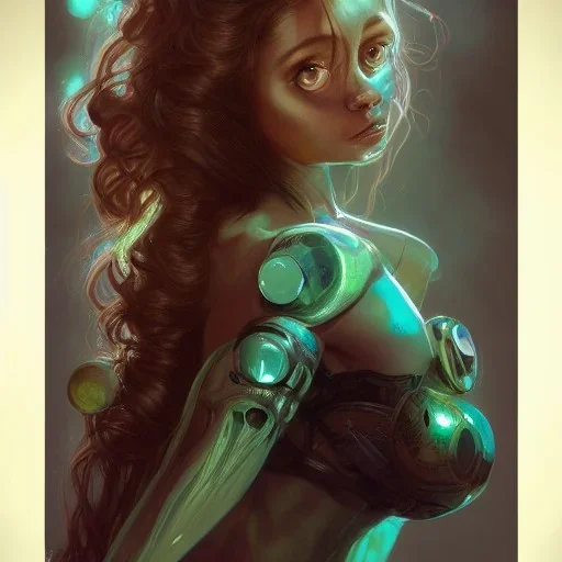 alien girl, cute, beautiful, long hair, curly hair, black hair, slim body, brown eyes, big eyes, green skin, turquoise dress, head and shoulders portrait, 8k resolution concept art portrait by Greg Rutkowski, Artgerm, WLOP, Alphonse Mucha dynamic lighting hyperdetailed intricately detailed