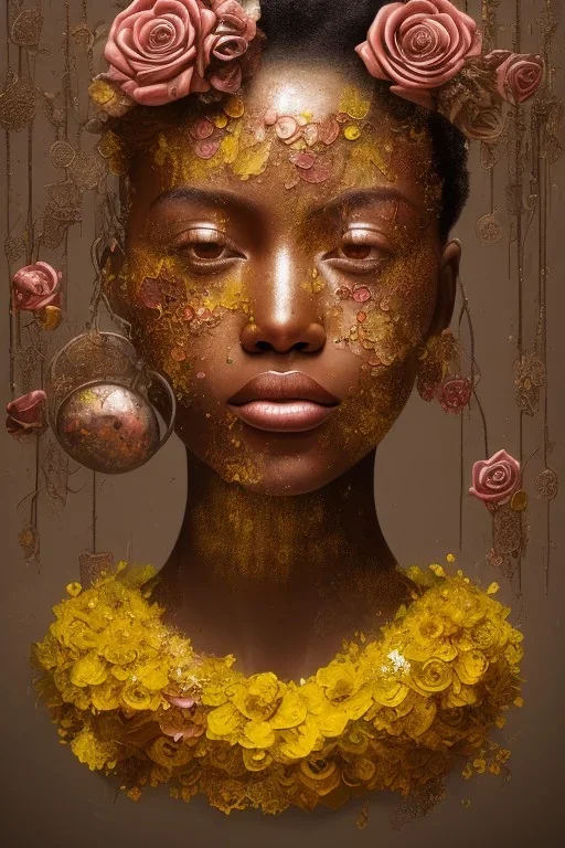 an abstract painting of rusted metal and flowers, beauty dangling roses of Africa portrait, rust, scaffolding, iron cladding, decay, mixed media, textured, anatomically correct, beautiful perfect face, sharp focus, highly detailed