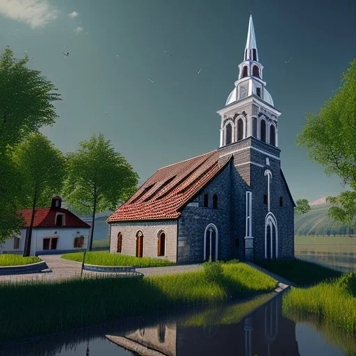 a small town in Serbia, river, church, scenery, unreal engine, insanely detailed