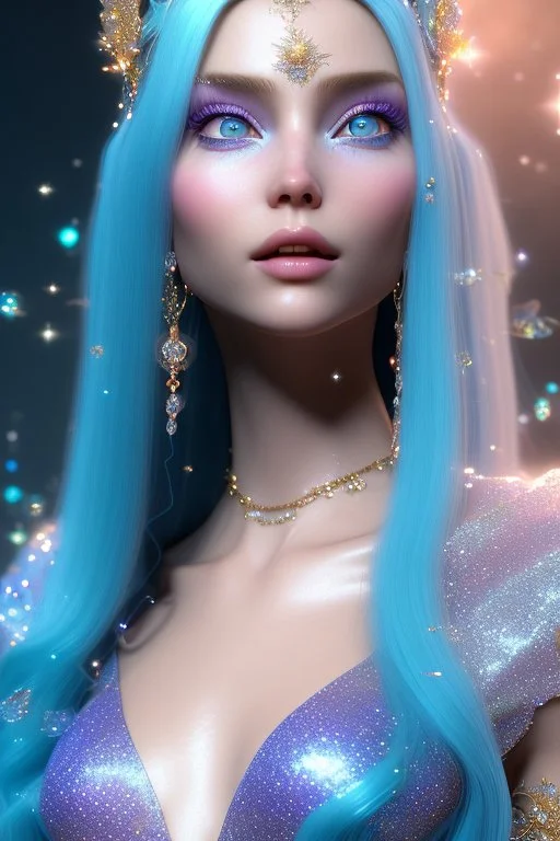 woman glitter blue fairy in a galactic ambiance, long blue hair, detailed gorgeous smile, delicate colors in the foreground, full of details, smooth, light effect，vaporwave colorful, smooth, extremely sharp detail, finely tuned detail, ultra high definition, 8 k, unreal engine 5, ultra sharp