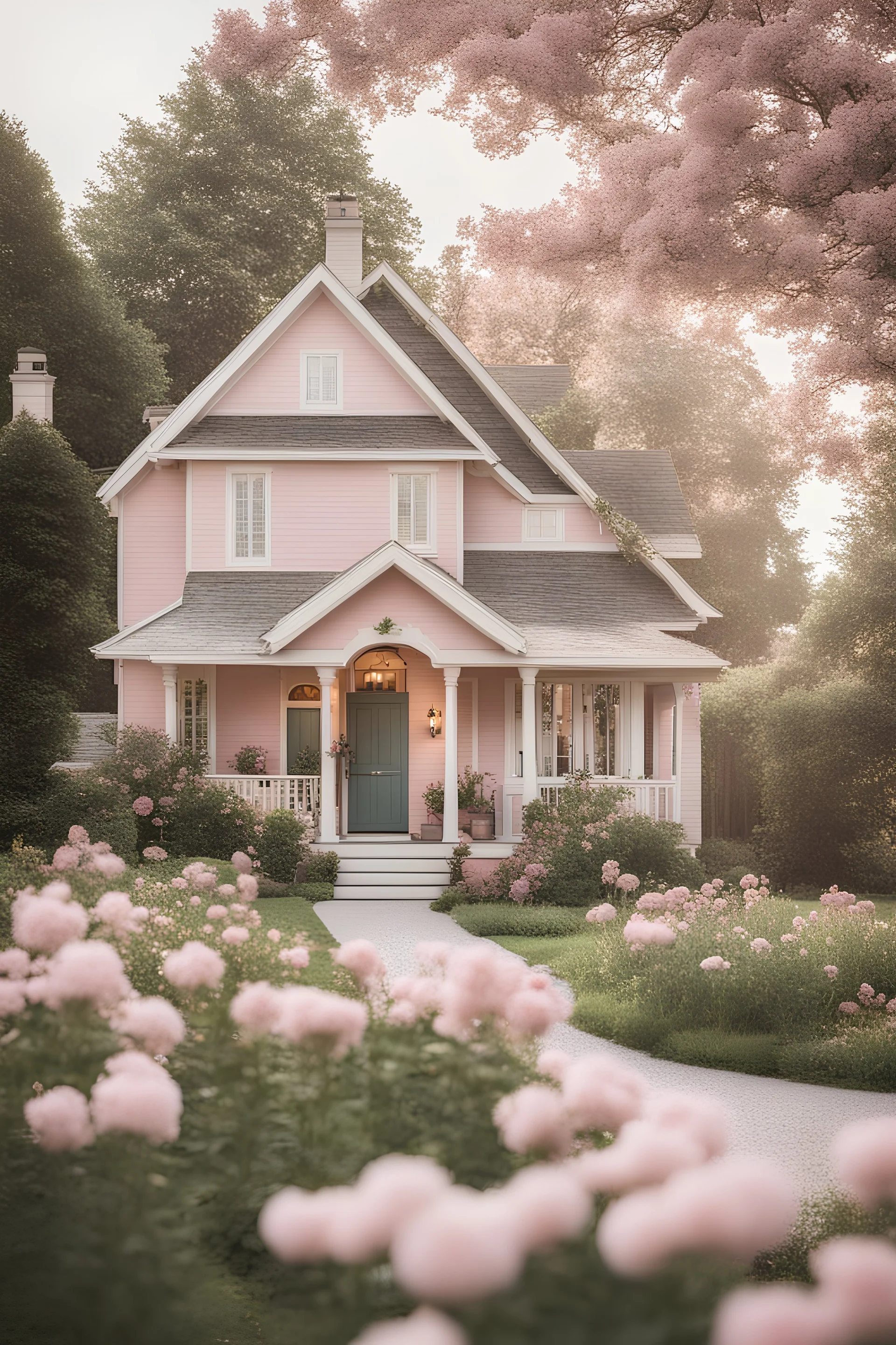 vintage style home with a cottage feel with pops of light pink flowers outside of house