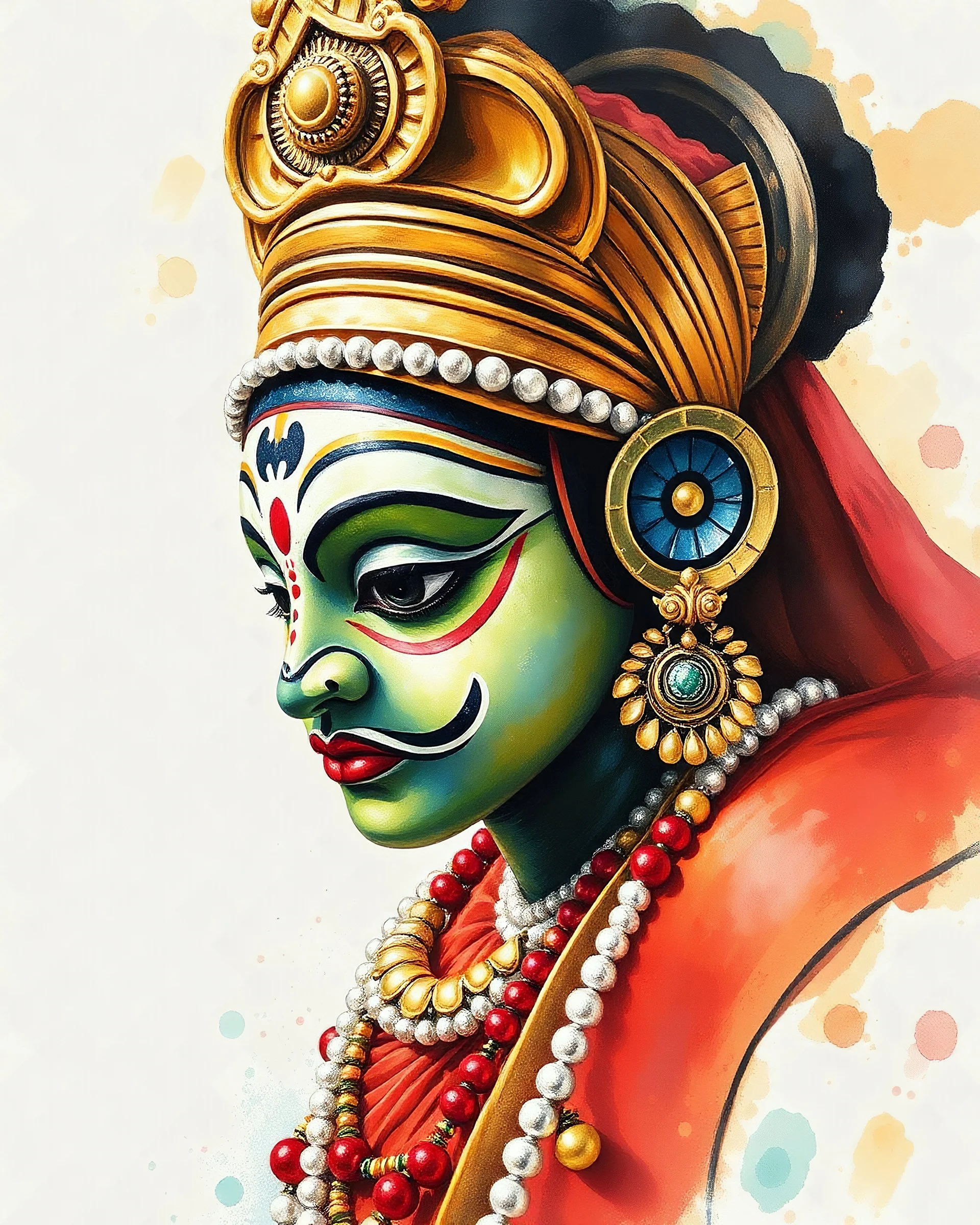 kathakali in watercolor and oil painting style