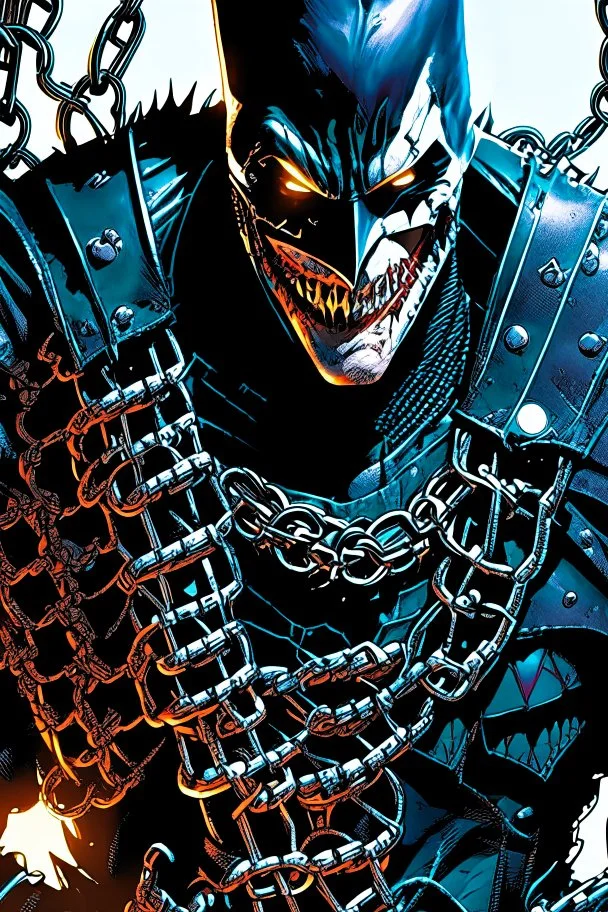 a close up of a person holding chains, the batman who laughs, jason fabok. greg staples, arkham city, gabriele dell'otto, joker wearing vader's armor suit, by Ryan Stegman, joker wearing vader's armor, david tennant as spawn, as illustrated in top cow comics, grotesque joker, venomized, jason fabok