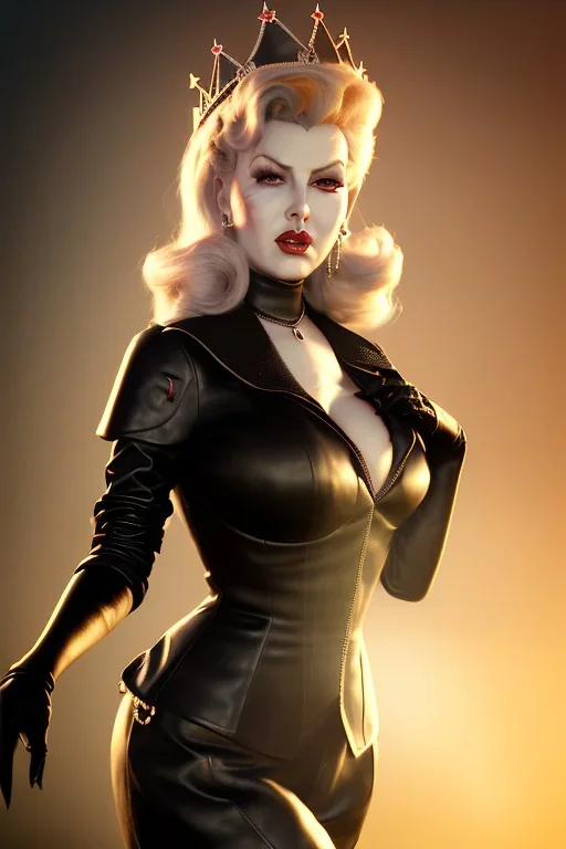 Lana Turner as evil queen in black leather, leather, busty, cleavage, angry, stern look. character design by cory loftis, fenghua zhong, ryohei hase, ismail inceoglu and ruan jia. unreal engine 5, artistic lighting, highly detailed, photorealistic, fantasy