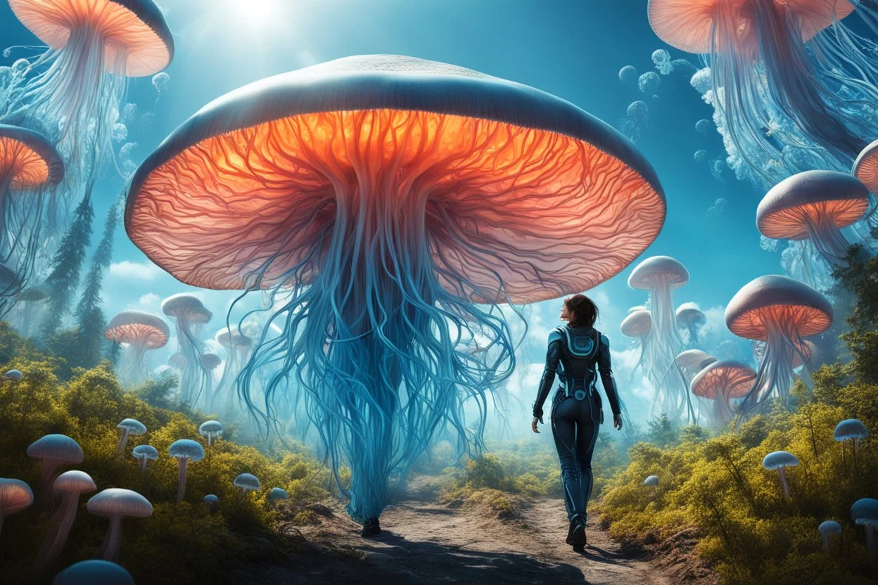 Woman in an Android suit, Walking Through Alien Mushrooms With Jellyfish Tentacles, Floating Through An Alien Forest, Photorealistic, Intricate Detail, Sunshine, Blue Sky