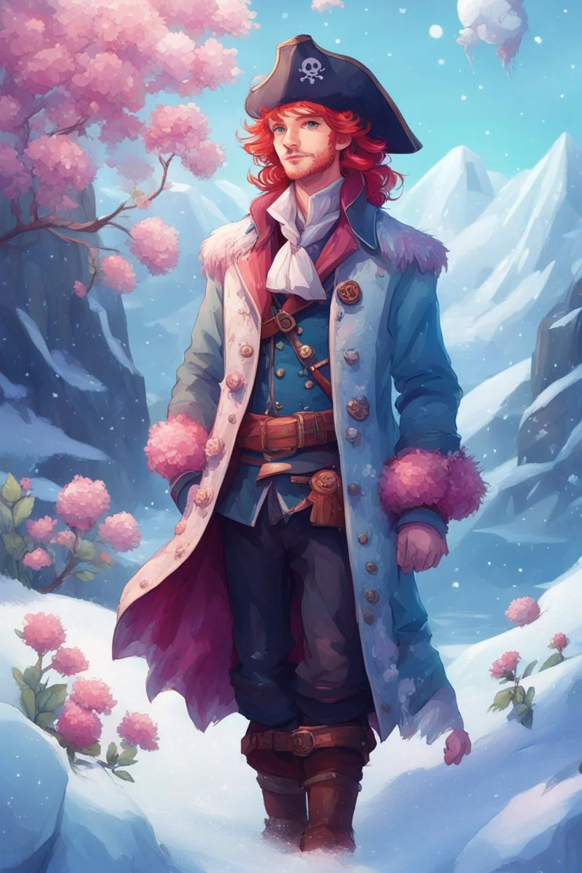 kind sailor, man, red slightly curly hair, long jacket, pink-azure clothes, pink-azure cocked hat in cold colors, white floral pattern on jacket, flower in hair, pirate, frozen, stardew, valley style