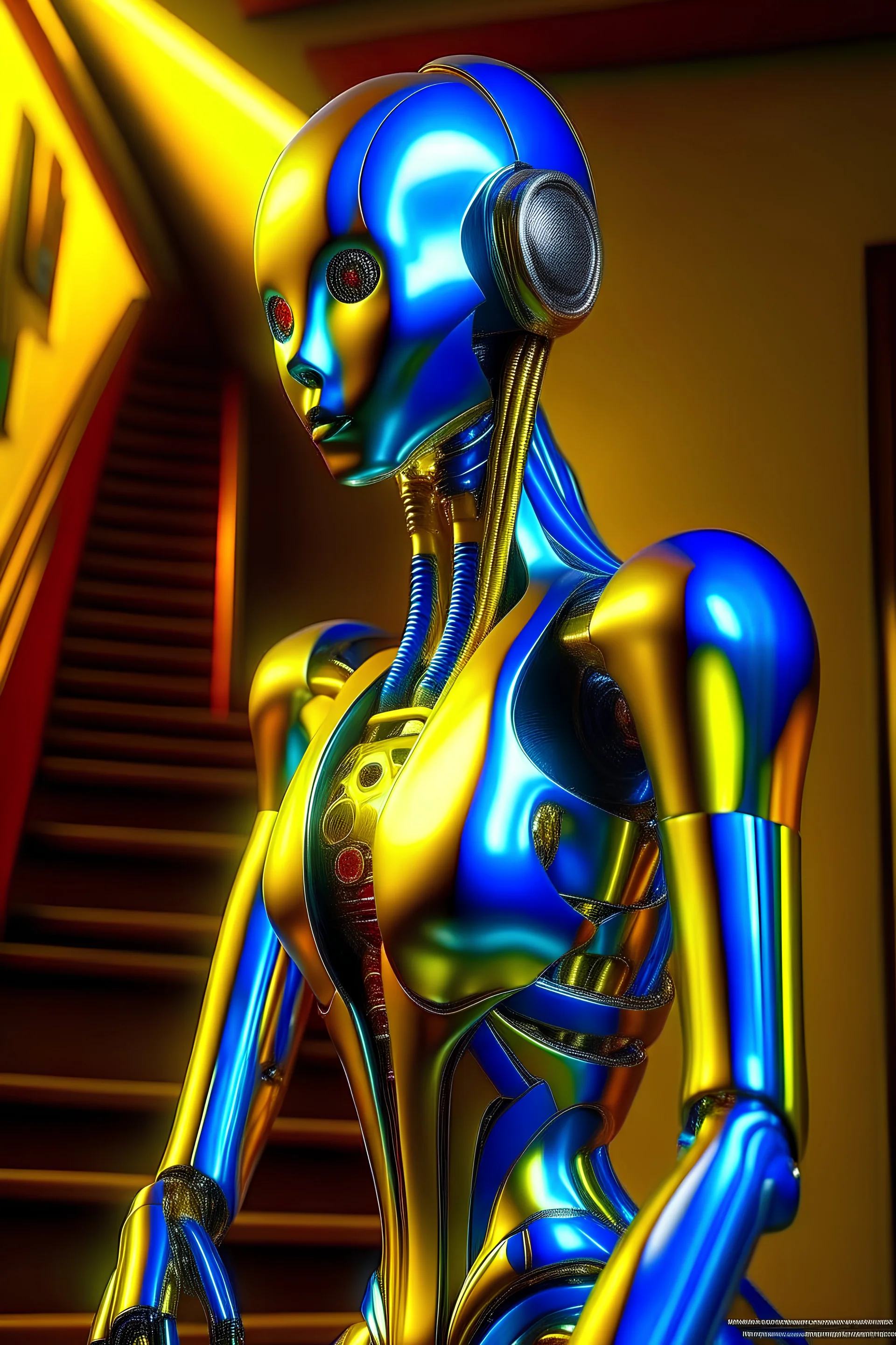 chrome chat robot banking woman smiling online in the style of a master italian painter, spray paint, photo realism, trending on art station, 8k, depth of field, down light, light rays, volumetric, reflective spiral staircase, blue, yellow, golden brown and orange