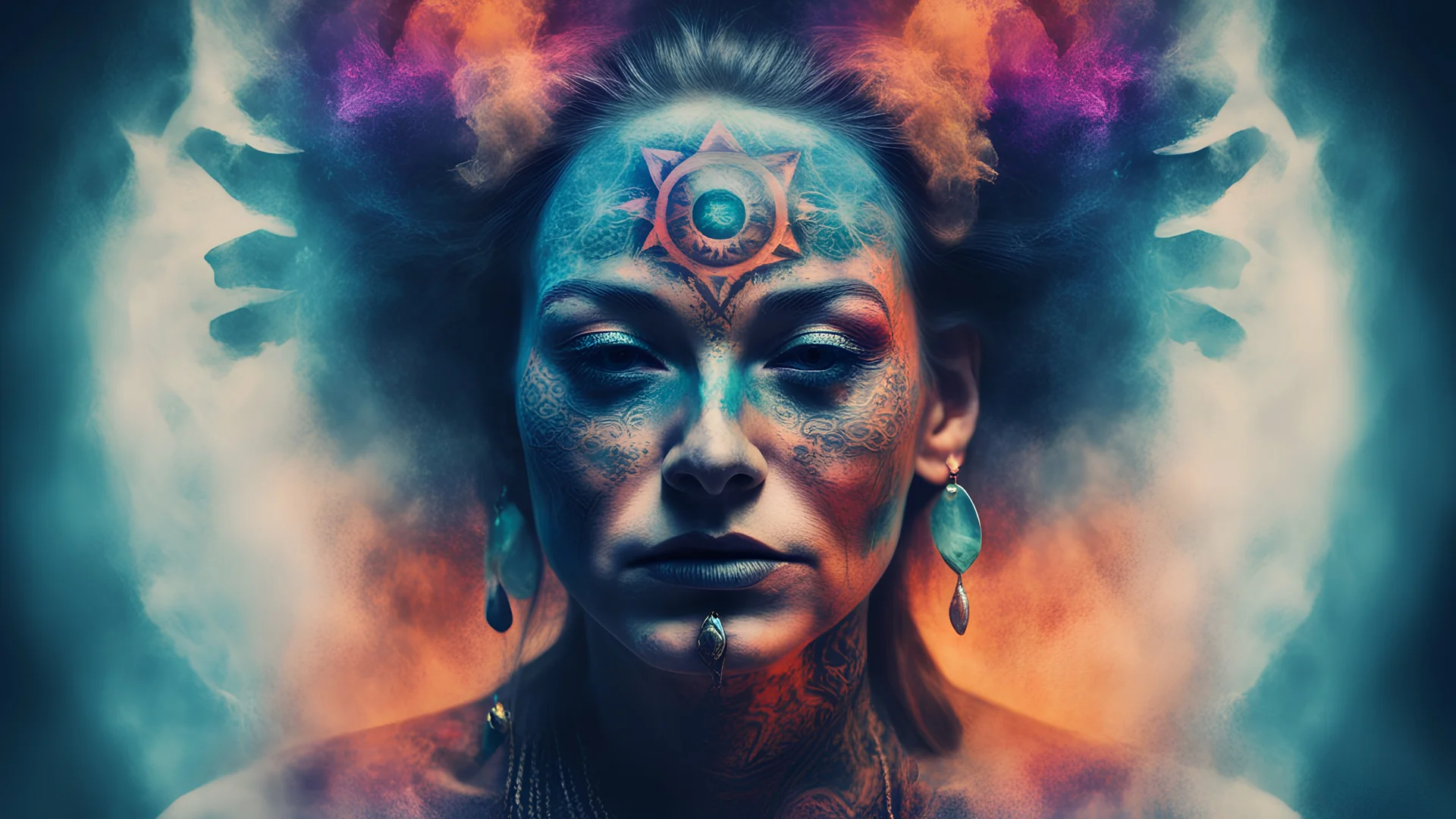 portrait Shaman, mysticism, esotericism, sinister, witchcraft, tattoo, bright colors, double exposure