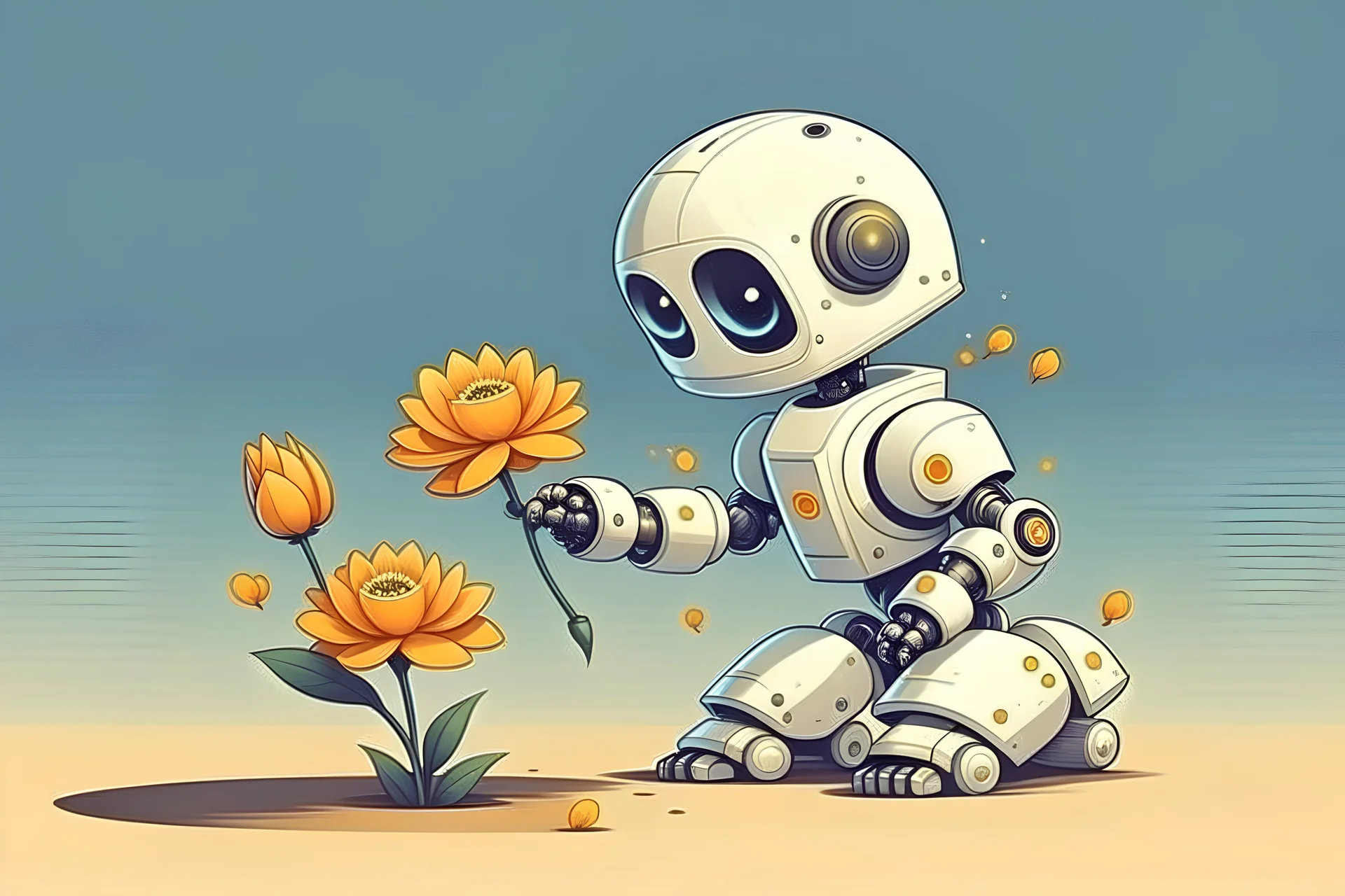 cute roboter plückt eine blume