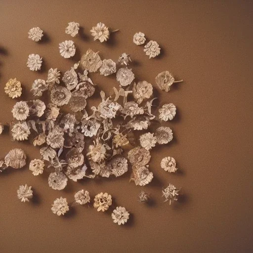 circle arrangement of small pressed dried flowers, aesthetic layout, beautiful composition, vintage, brightly lit, tender