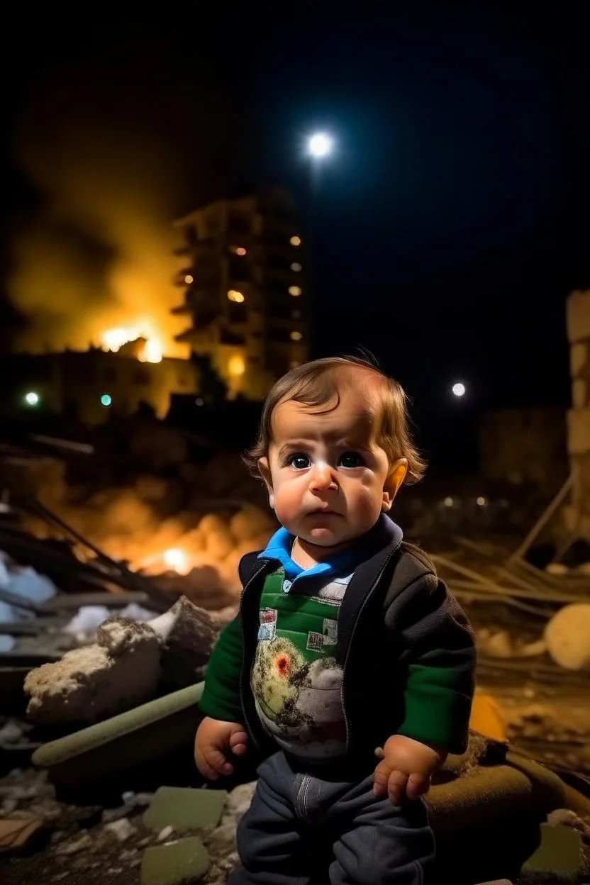 Palestinian baby , Destroyed Buildings , with a Explosions, at night