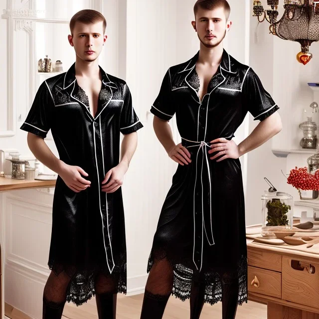 Russian shorthair beautiful 20-years guy boyish boylike wide hips in black girlish lacy nightgown in kitchen