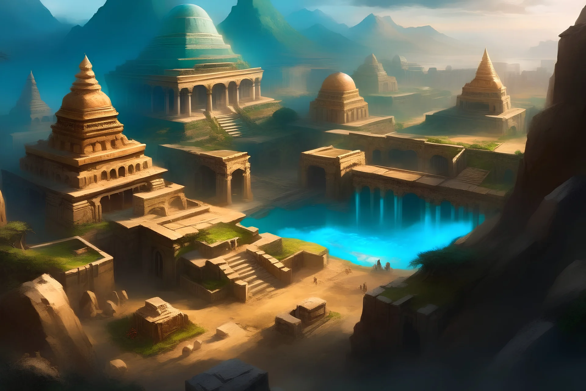 Lost Civilizations: Create an artwork that imagines the existence of an ancient, advanced civilization that has been hidden from history, waiting to be discovered. Brushstroke driven style of Impressionism with realistic subject matter